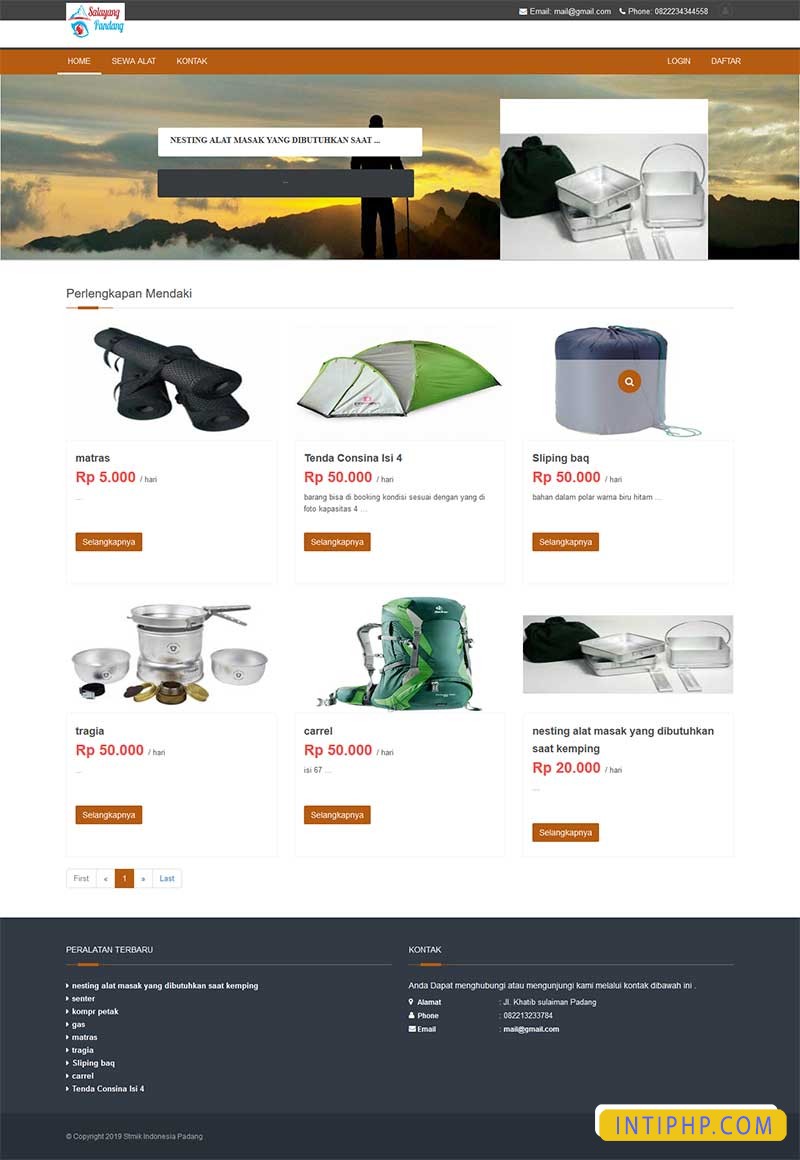 Booking alat-alat outdor pendaki atau camping dengan php native